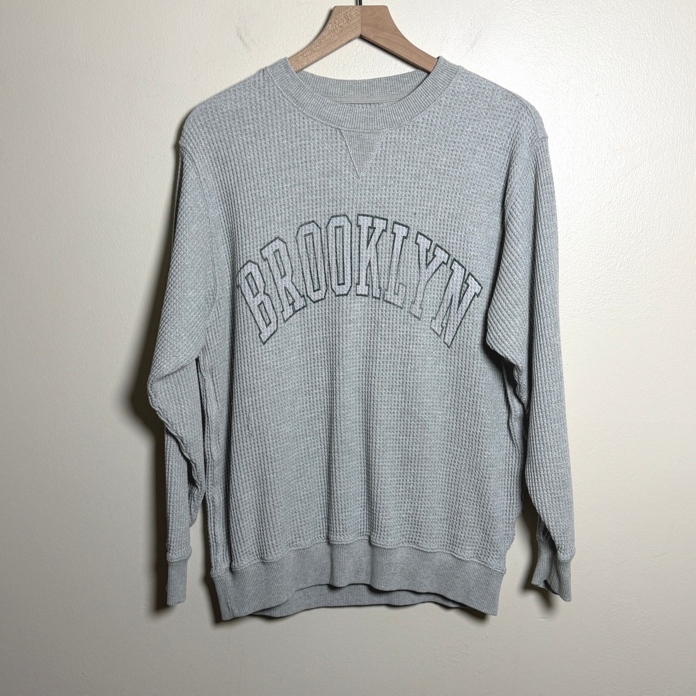 Aerie Women Waffle Knit Sweatshirt XS Gray Brooklyn Graphic Long Sleeve Pullover